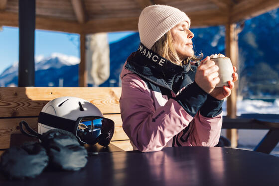 drinking cocoa after skiing